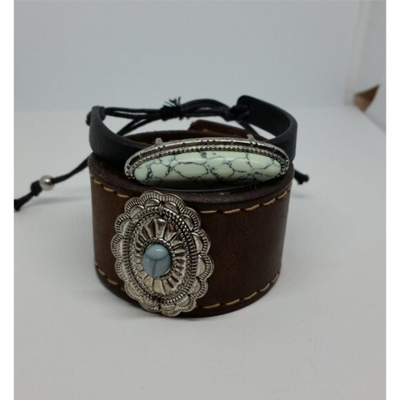 HANDMADE southwestern boho style stone look leather/faux bracelets - Picture 2 of 3